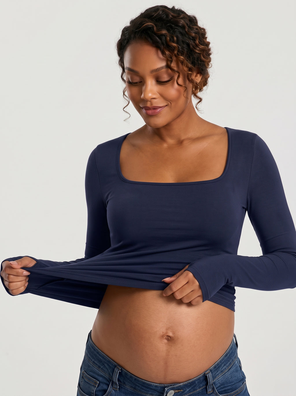 Snovi Amara – Camiseta Premamá de Manga Larga con Escote Cuadrado