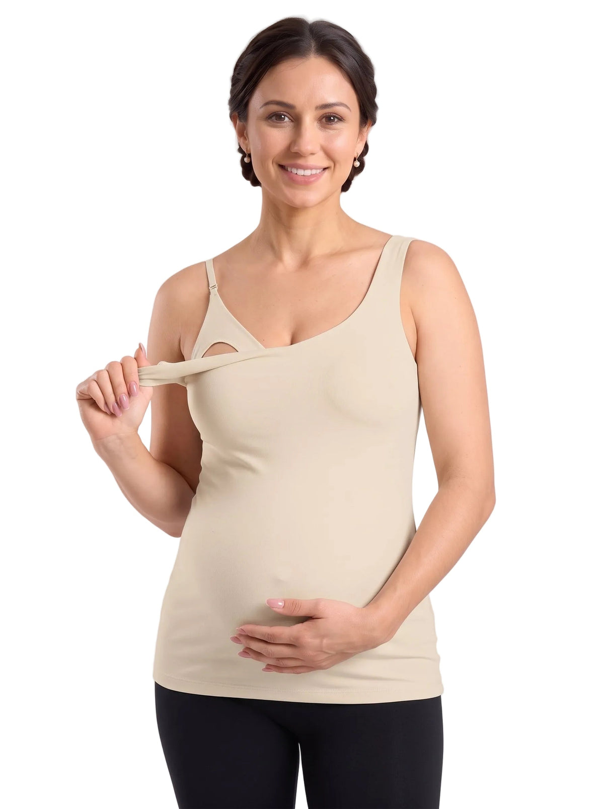 Mujer mostrando el top de lactancia Nuva